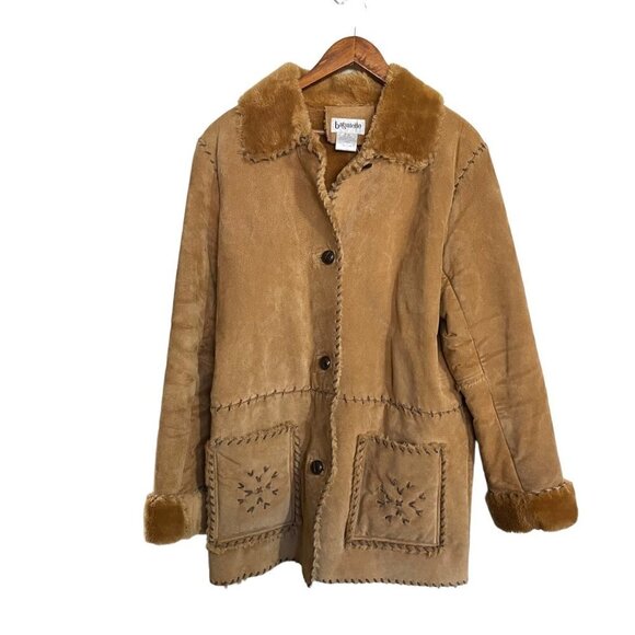 Vintage Jackets & Blazers - Vintage Womens Tan 100% Leather Faux Fur Trim Patchwork Penny Lane Coat Large